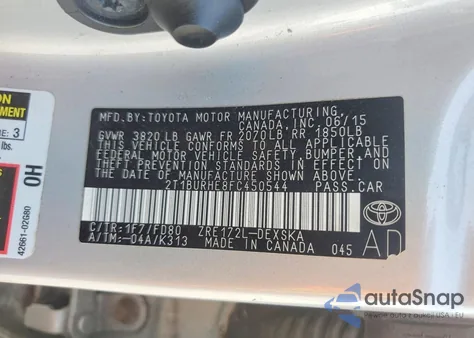 2015 Toyota Corolla L z USA, uszkodzony, nr VIN 2T1BURHE8FC450544
